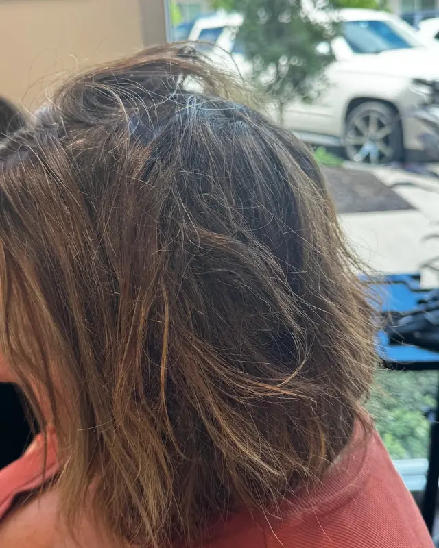 Before: faded brown hair with brassy, grown-out highlights