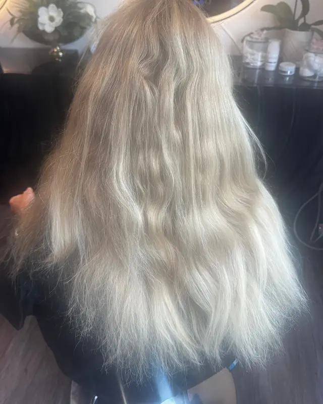Before: long, frizzy, washed-out platinum hair