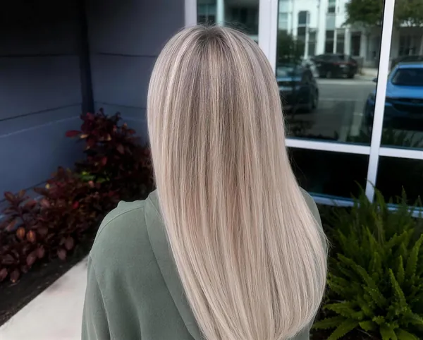 Long, bright blonde hair color with a soft root